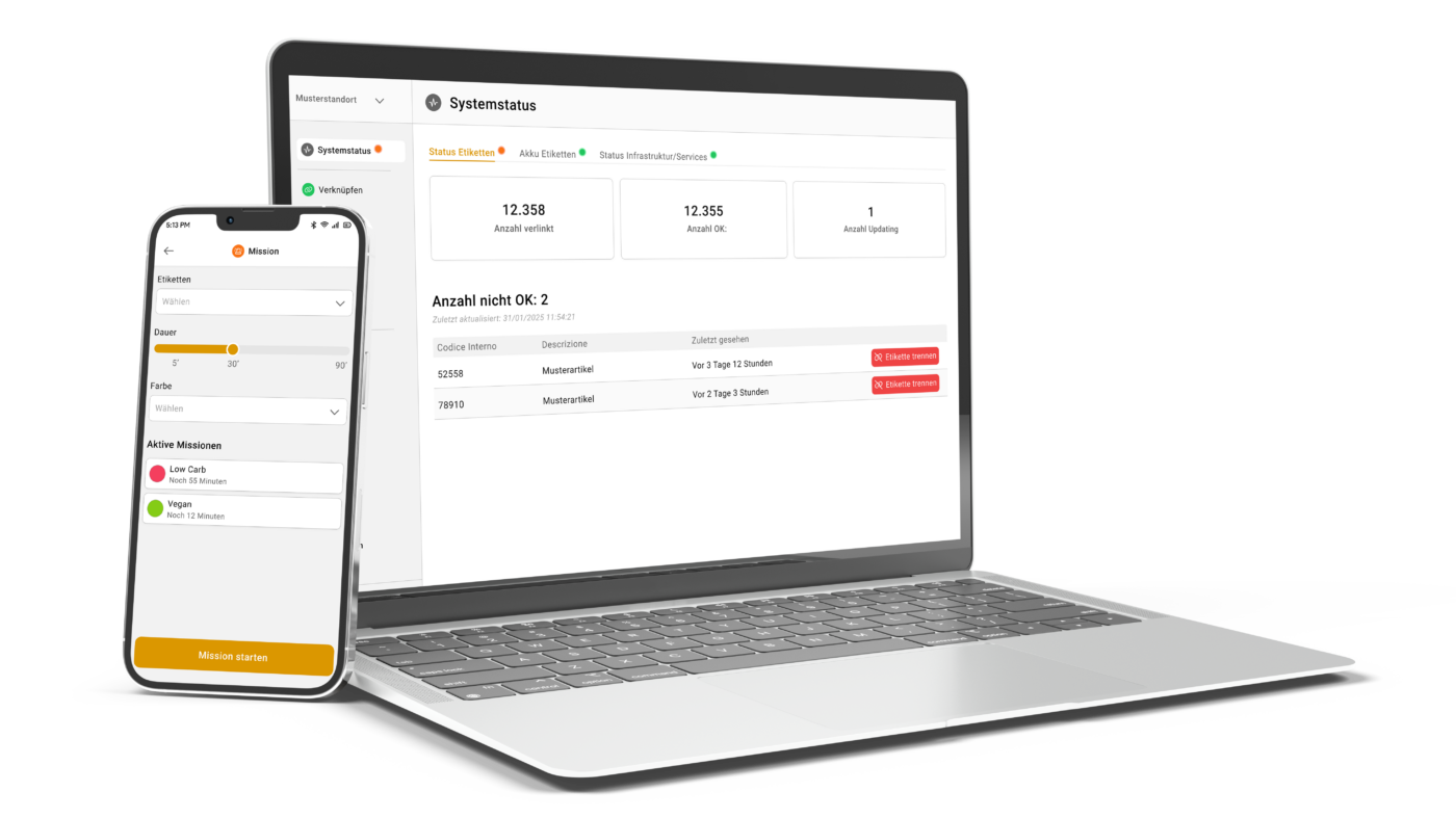 Plattform zur Verwaltung digitaler Etiketten von Anjoka auf Laptop und Smartphone