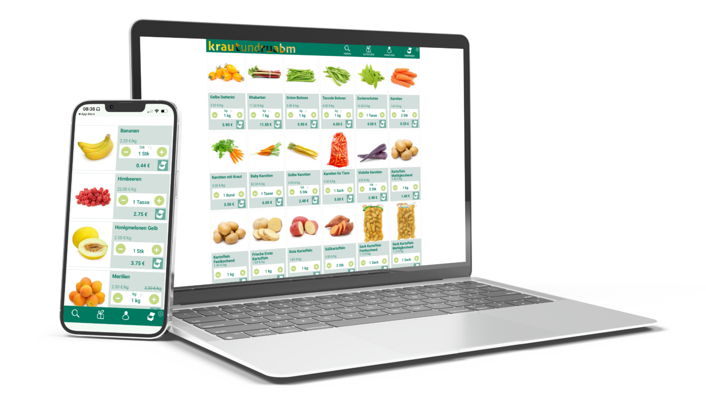 Onlineshop und Lieferplattform von Krautundruabm auf Laptop und Smartphone